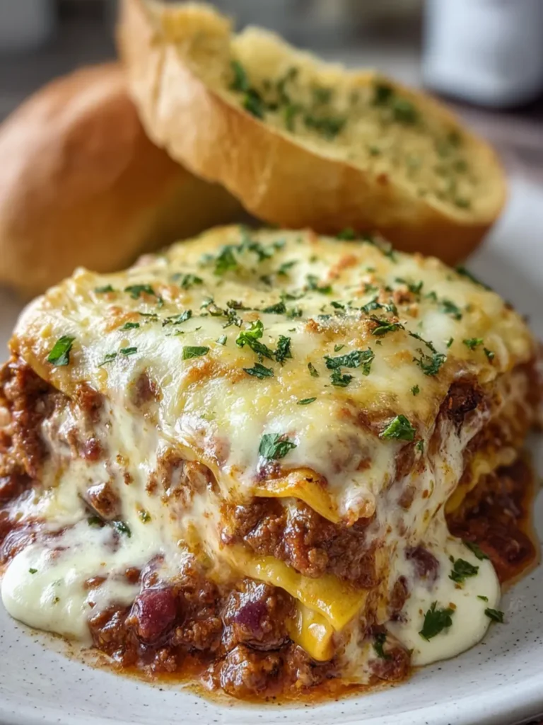 Hearty Beef Lasagna with Garlic Bread First Image